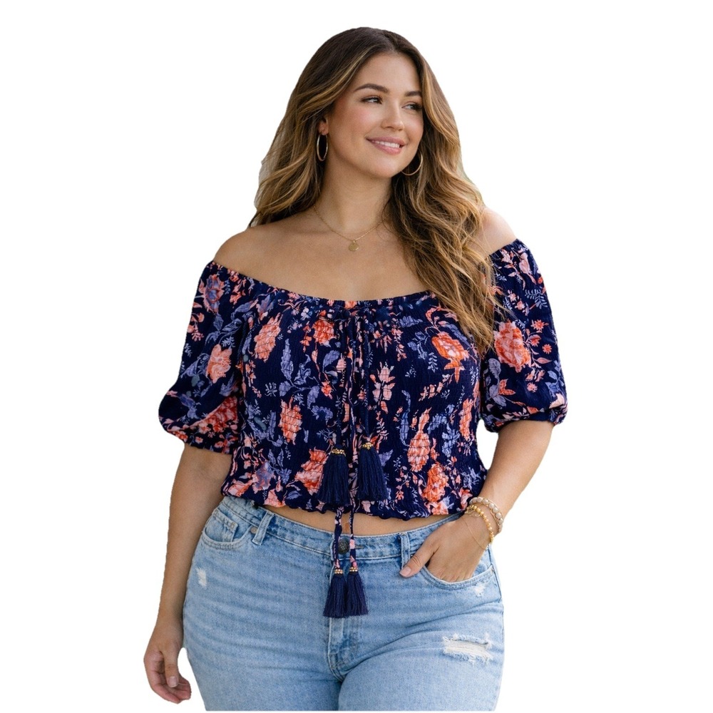 Boho Off Shoulder Crop Top Floral Navy Blue Smocked Tassel Tie Blouse Women's L